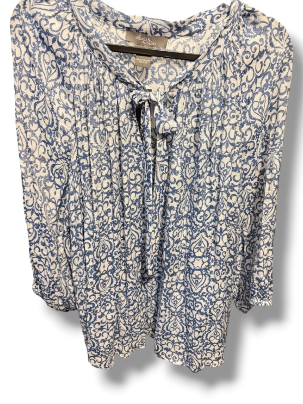 Olivia & Martin Women’s Blue & White Printed Tie-Neck Blouse Top NWT